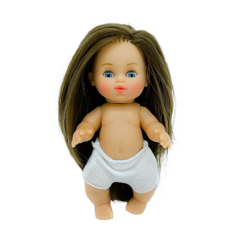 Muñeca Mini Cocoletas desnuda Folk Artesanía original, colección 15 cm pelo liso extra largo. Fabricada en España - Pelo Castaño